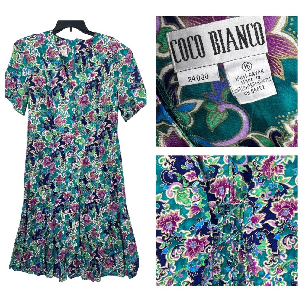 Vintage Coco Bianco Floral Dress Size 16 Teal Purple Corset Back Short Sleeve